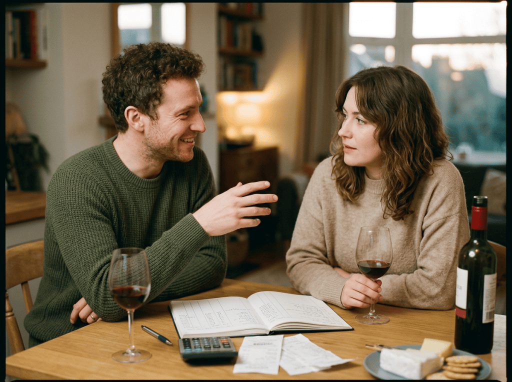 Couple discussing finances at a table with wine, receipts, and calculator